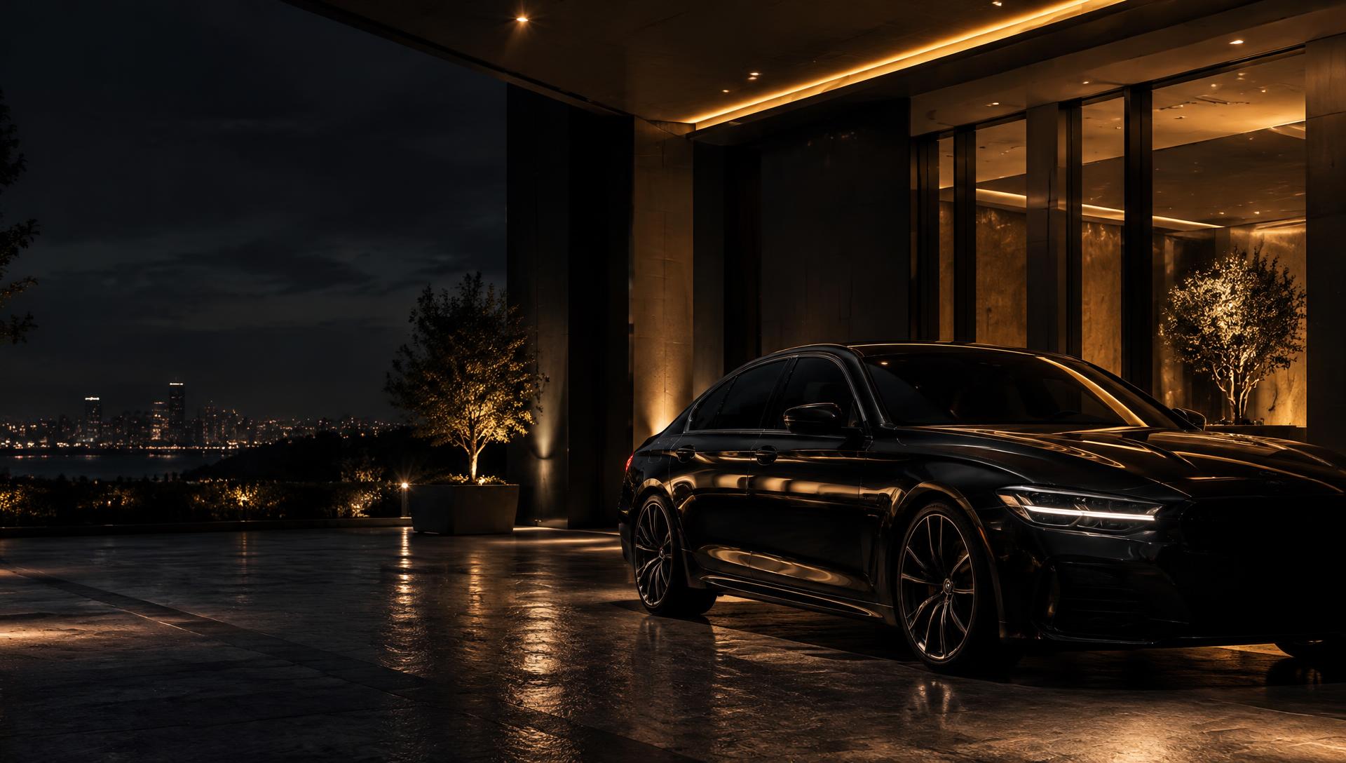 Black luxury sedan at night
